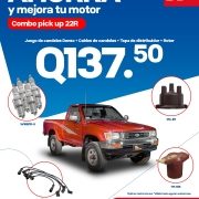 Promoción de repuestos para motor Toyota 22R: combo incluye juego de candelas #Denso W16EPR-U, cables de #candelas 28103-GSP, tapa de distribuidor YD-117 y #rotor YR-106 por Q137.50