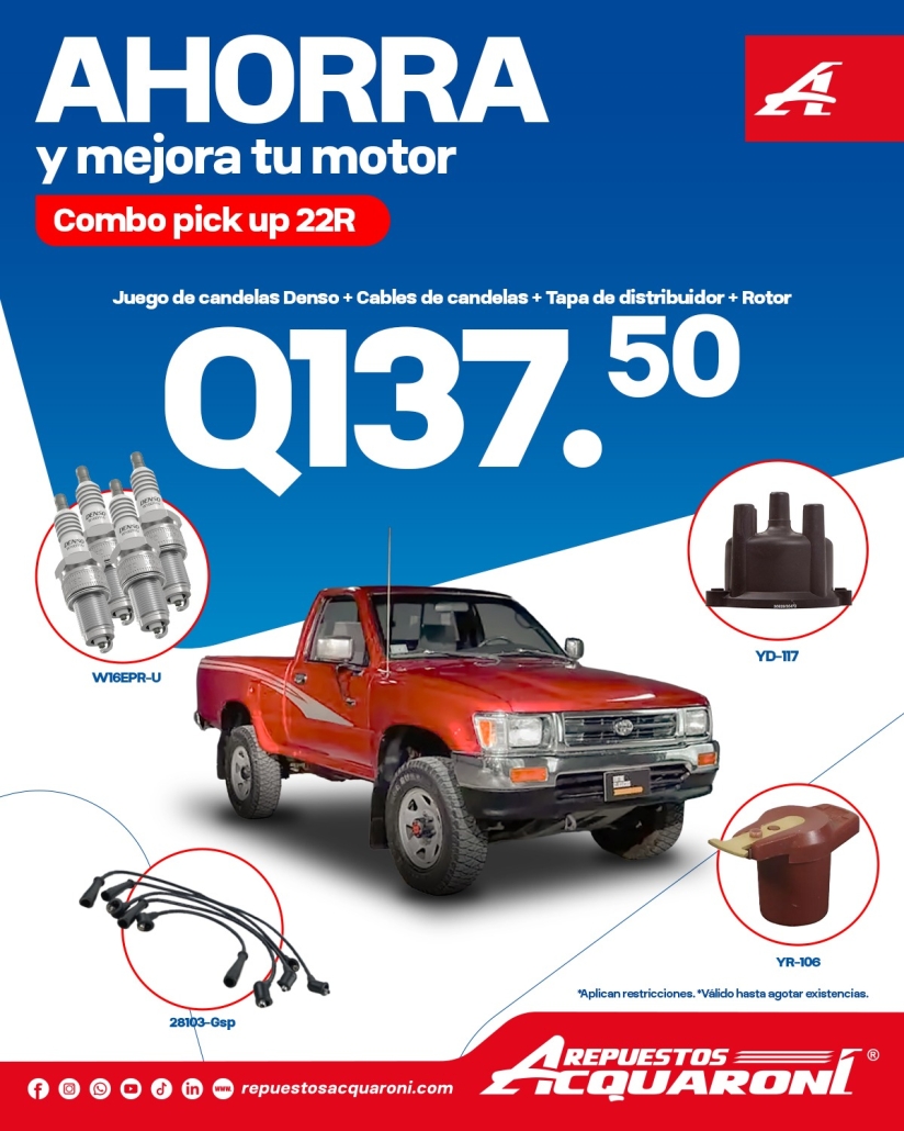 Promoción de repuestos para motor Toyota 22R: combo incluye juego de candelas #Denso W16EPR-U, cables de #candelas 28103-GSP, tapa de distribuidor YD-117 y #rotor YR-106 por Q137.50