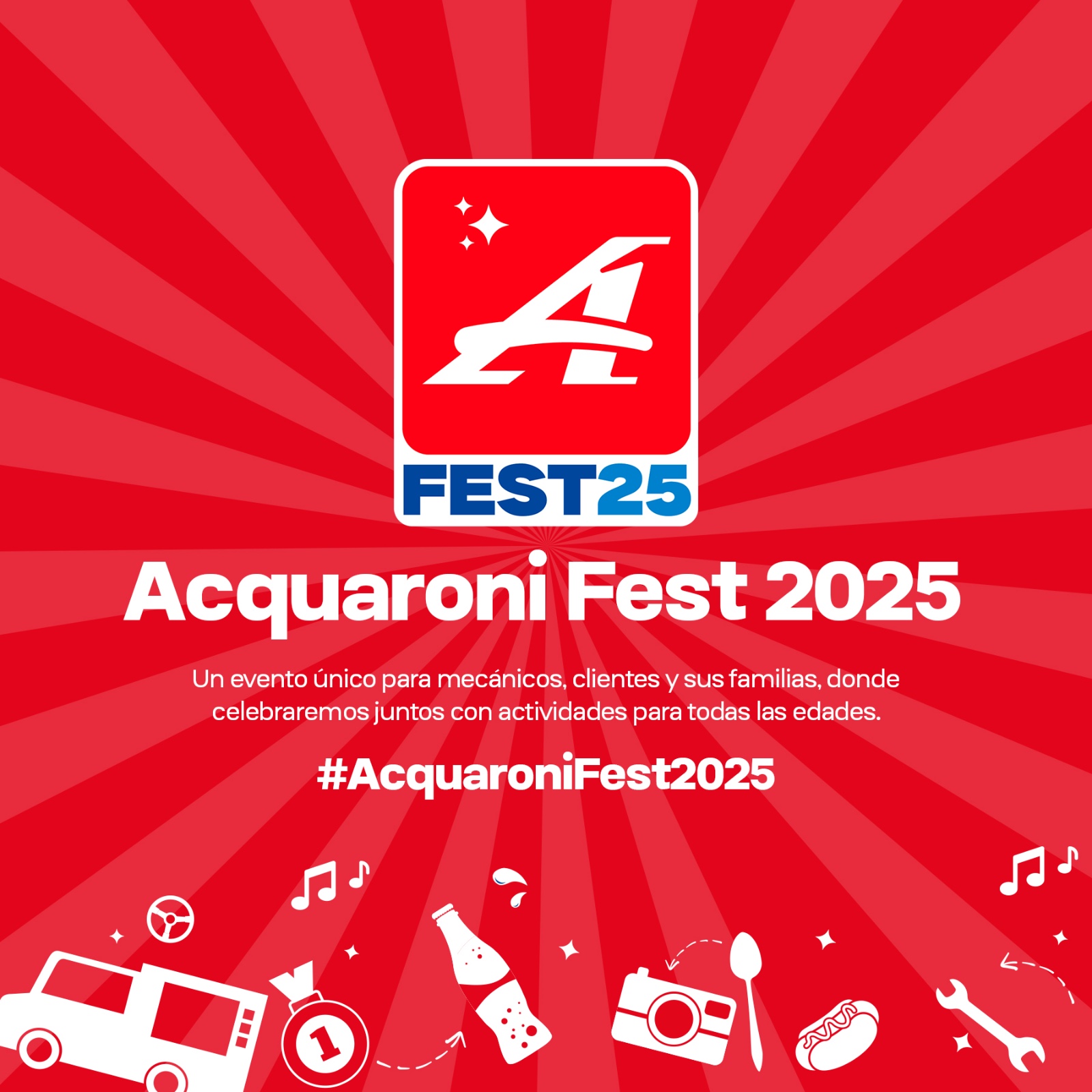 Banner del Acquaroni Fest 2025 con invitación al evento de música, rifas y actividades familiares en Guatemala.