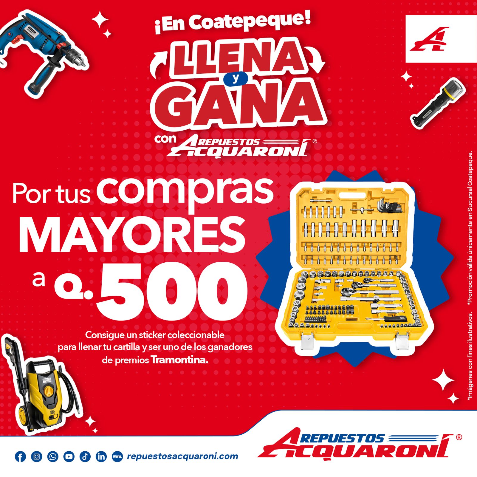 Promoción Llena y Gana en Repuestos Acquaroni Coatepeque: por compras mayores a Q500 se entrega un sticker para participar por premios Tramontina.